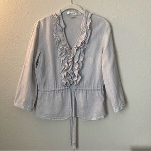 Richard Malcolm Light Gray Ruffle Blouse with strings for a cinched waist